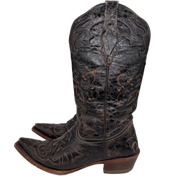 Pecos Bill Women Boot Size 8 Dark Mocha Inlay Distressed Leather Cowgirl Western - Picture 1 of 14